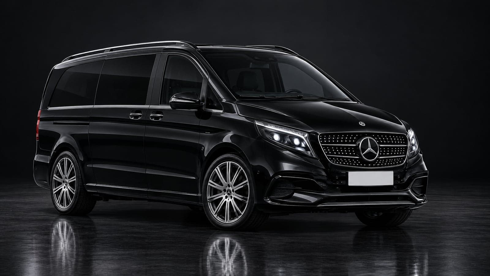 Black Mercedes V-Class, front three-quarter view
