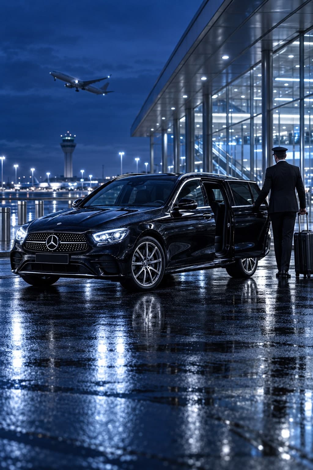 A chauffeur with a suitcase beside a black Mercedes E-Class Estate at an airport terminal at dusk, a plane climbing behind
