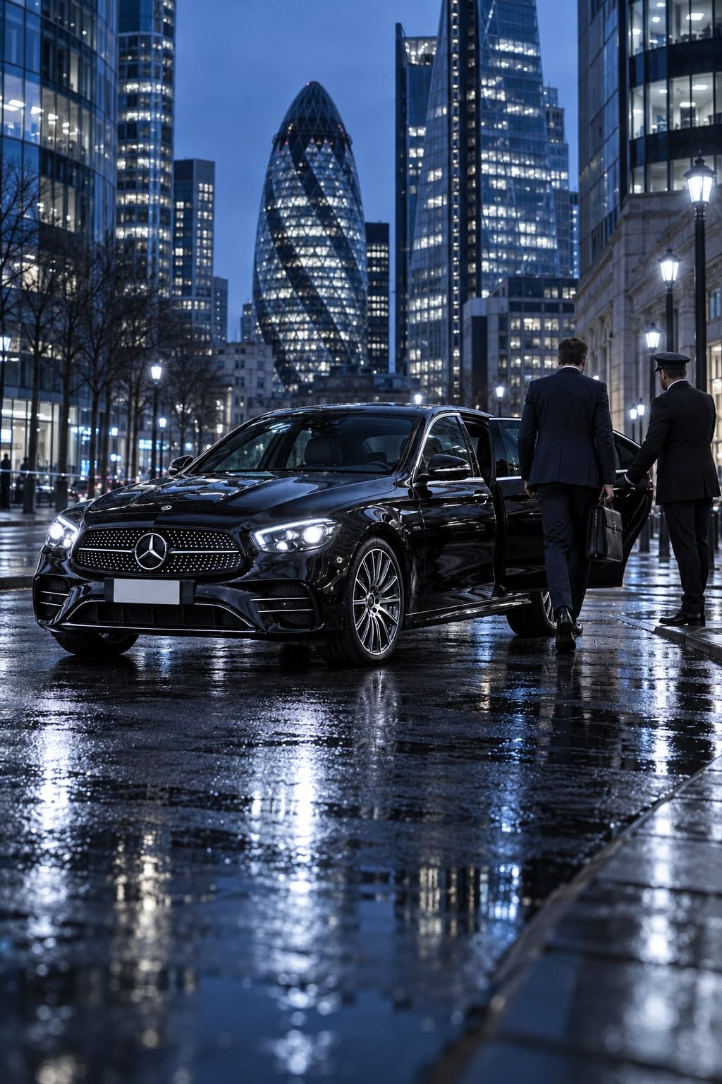 A businessman walking to the rear door of a black Mercedes E-Class held open by a chauffeur in the City of London at dusk