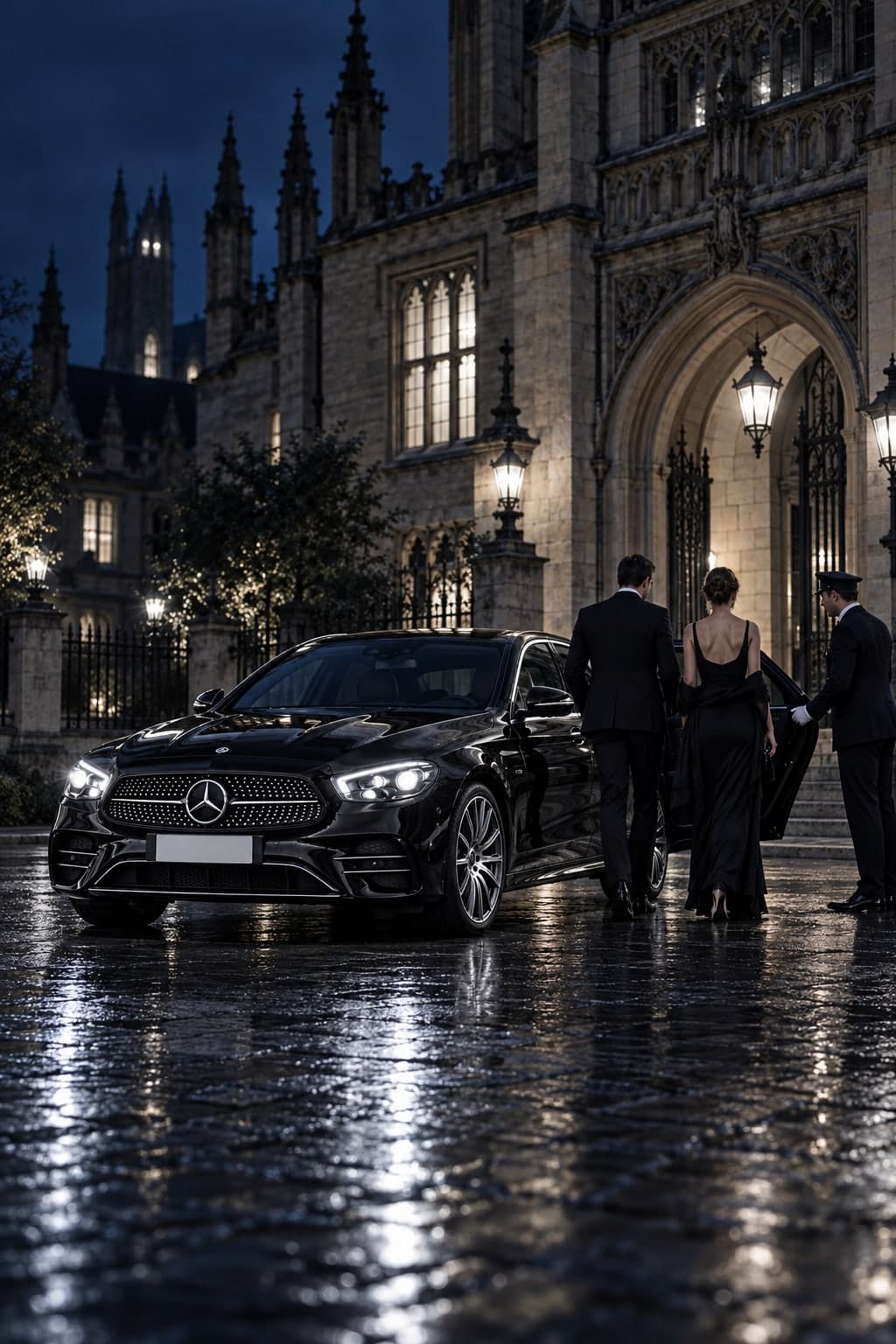A couple in evening wear stepping into a black Mercedes E-Class outside an Oxford college at night